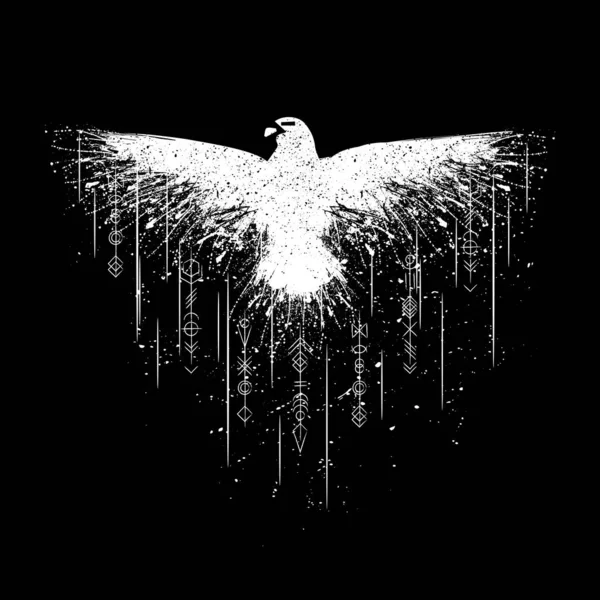Beyaz grunge kuş siluet siyah arka plan üzerine izole mürekkep sıçrama ile