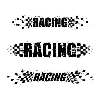 Siyah beyaz bayrak taşıyan soyut yarış logosu. Yarış şampiyonası için başlangıç ve bitiş çizgisi tasarımı