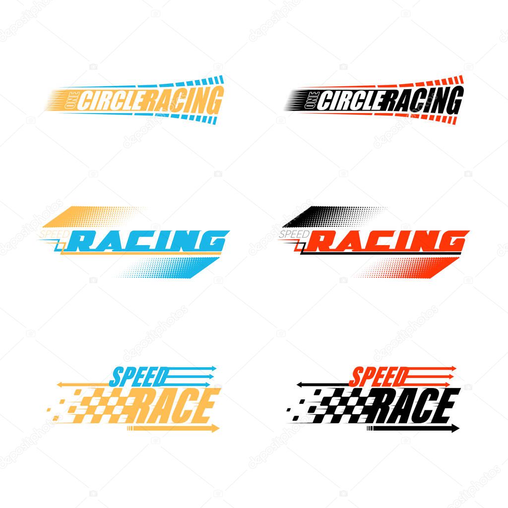 Set of different sport race track decals isolated on black background. Racing checkered flags woth text