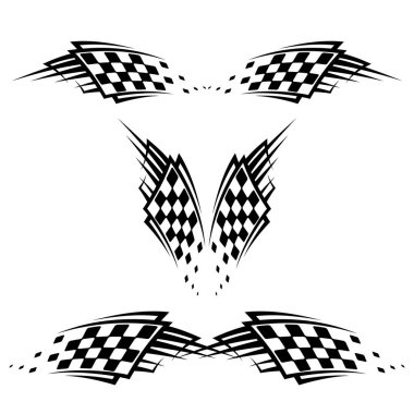 Siyah beyaz bayraklı soyut yarış logosu. Yarış şampiyonası için başlangıç ve bitiş çizgisi tasarımı