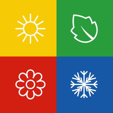 Dört mevsim sembolü. Yaz, sonbahar, kış ve bahar simgeleri kare düğmelerde. Taslak işaretleri yeşil, sarı, kırmızı ve mavi