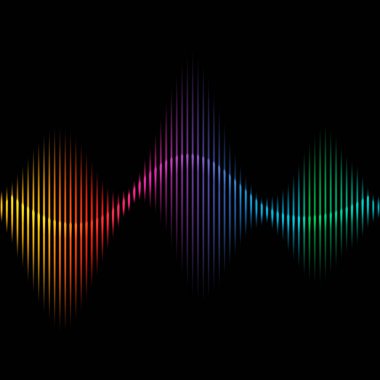 Renkli parlak dikey çizgileri ve parlak dalgaları olan soyut siyah arkaplan. Ses dalgası ya da eşitleyici tasarımı