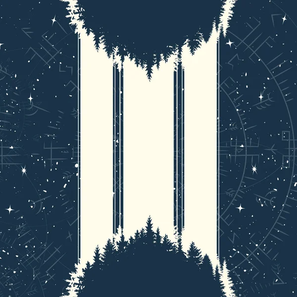 星とエソテリス幾何学的シンボルを持つ抽象的な宇宙の背景 木と森で人間の招待シルエット ストックイラスト