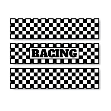 Araba ve moto yarış tasarımları için çarpma ve örnek metin ve gölge içeren üç kareli spor bayrağı