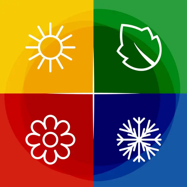 四个有阴影的季节符号 冬天和春天的图标在正方形按钮 略图所示为绿色 红色和蓝色 图库插图