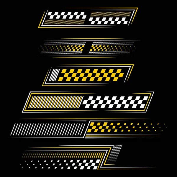 黄色と白の車とモトスポーツデカール レーストーナメントやコンテストのための水平チェックレスハーフトーンデザイン 線形パターンによる大胆なスピードテキスト単語のサンプル ベクターグラフィックス