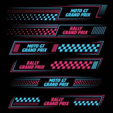 Mavi ve pembe araba ve moto spor çıkartması. Yarış turnuvaları ve yarışmalar için yatay damalı yarım ton tasarımlar. Doğrusal şablonlu kalın metin sözcükleri