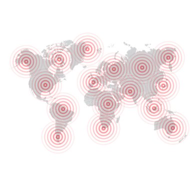Dünya haritası silueti ve kırmızı merkez üssü daireleriyle beyaz arka plan. 2024 Dünya Krizi 'nin merkezi.