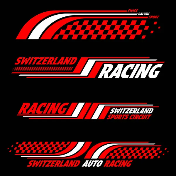 stock vector Car and moto sports decals. Switzerland checkeres halftone designs for racing tournaments and competitions. Sample bold speed text words with linear patterns