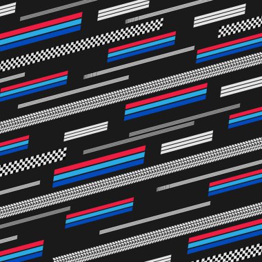 Başlangıç ve bitiş çizgileri için farklı siyah ve beyaz bayrak siluetleri. Lastik izleri ve bayraklarla metin ve logo tasarımı