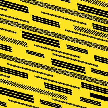 Başlangıç ve bitiş çizgileri için farklı siyah ve sarı spor bayrak siluetleri. Lastik izleri ve bayraklarla metin ve logo tasarımı