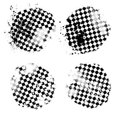 Grunge siyah ve beyaz spor bayrak siluetleri başlangıç ve bitiş çizgileri grunge turuncu fırça çizgileri ile