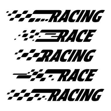 Siyah beyaz bayraklı ve yazılı soyut yarış logosu. Yarış şampiyonası için başlangıç ve bitiş çizgisi tasarımı