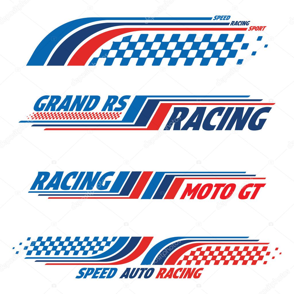 Car and moto sports decals. Speed checkered halftone designs for racing tournaments and competitions. Sport bold speed text words with linear patterns