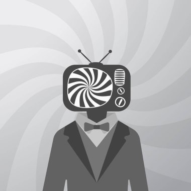 Takım elbiseli, televizyon kafalı, hipnotize edici siyah beyaz çizgileri olan bir iş adamı. Sahte haber. Zombi televizyon programları. TV bağımlıları gri ölçekli arka plan