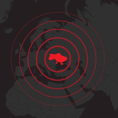 Dünya haritası silueti ve kırmızı Ukrayna silüeti olan koyu bir arka plan. 2022 yılında Ukrayna 'da yaşanan dünya krizinin merkezi. Gradyan daire çizgileri şeffaf renk