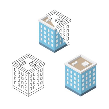 Çizimler ve mimari tasarımlar için beyaz zemin üzerinde izole edilmiş pencereleri ve beyaz ana hatlı felçli Isometric siyah ve ana hatlı bina