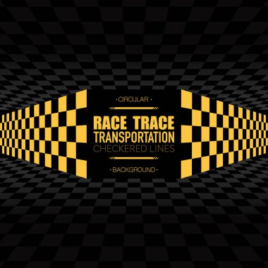 Damalı siyah ve sarı spor bayrakları başlangıç ve bitiş için siluetleri. Yarış izi soyut koyu arkaplan