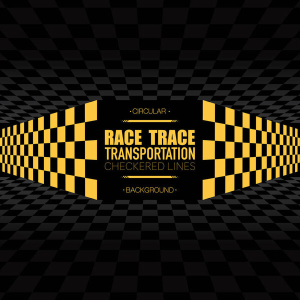 Checkered black and yellow sport flags line silhouettes for start and finish. Race track abstract dark background