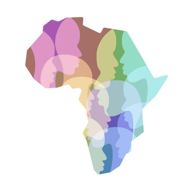 Afrika kıtasının silueti beyaz arka planda boho desenli izole edilmiş. Saç şekli ve tasarımı soyut olan kadın baş silueti