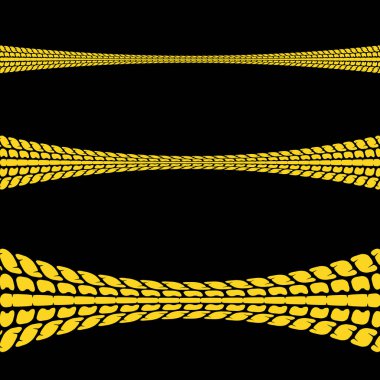 Soyut sarı lastik izi silueti siyah arka planda izole edilmiş, mesajınız için yer var.