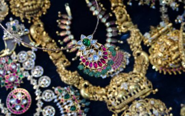  Close-up view of Indian traditional jewelry in display bof a shop                                   