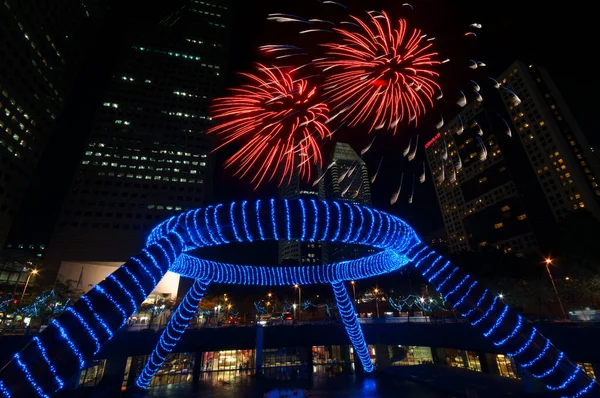 Unterhaltungsbereich Singapur Mit Feuerwerk Der Innenstadt Stockbild
