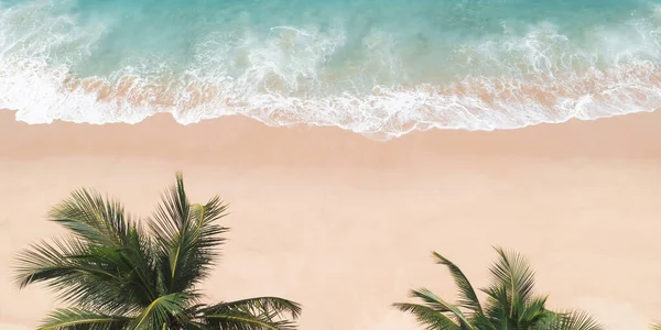 空中无人驾驶飞机俯瞰美丽的未被触动的热带海滩 拥有粉色的沙生棕榈树和清澈的水 完美的海岸与沙子和可可棕榈 旅游和度假休闲全景背景概念 好厉害 — 图库照片