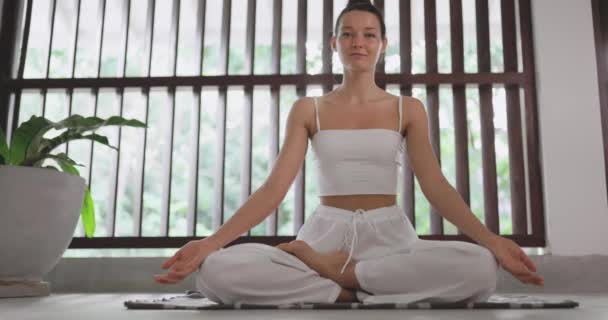 荷花中纤细的瑜伽女子静坐室内 实现身心健康的途径 高质量的4K镜头 — 图库视频影像