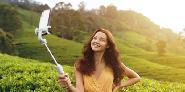 Asian Vlogger Traveler Woman Making Selfie Mobile Phone Camera Share — Stock Fotó