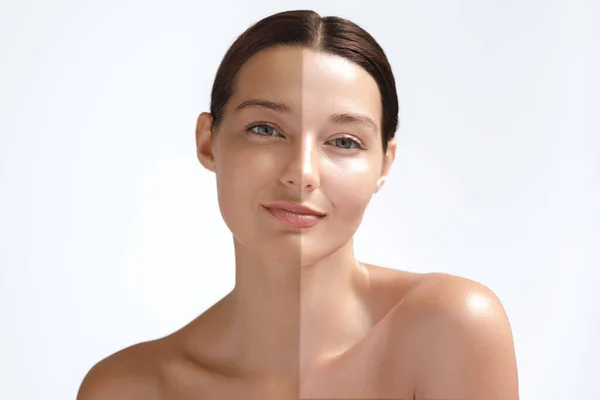 Hautaufhellung Oder Solarium Bräunungskonzept Asiatische Schönheit Frau Vergleich Zwischen Dunkelgebräunter — Stockfoto