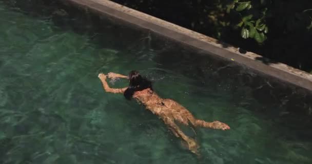 Swimming Bikini Woman Black Swimsuit Private Luxury Pool Outdoors Aerial — Vídeo de Stock