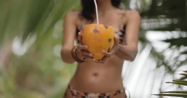 전달하는 여자는 짚으로 익지않는 노란색 껍질에 신선한 코코넛 주스를 보냅니다 — 비디오