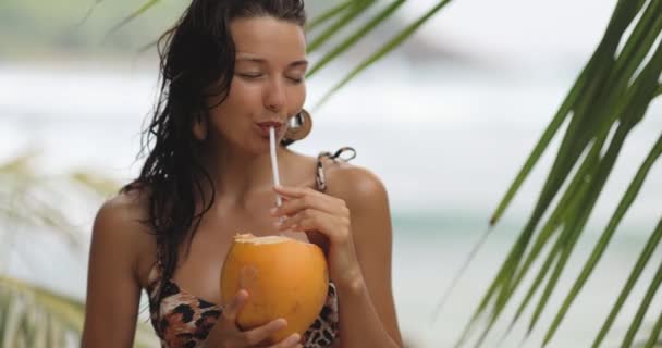 Primer Plano Una Chica Playa Bronceada Bebiendo Cóctel Coco Mientras — Vídeo de stock