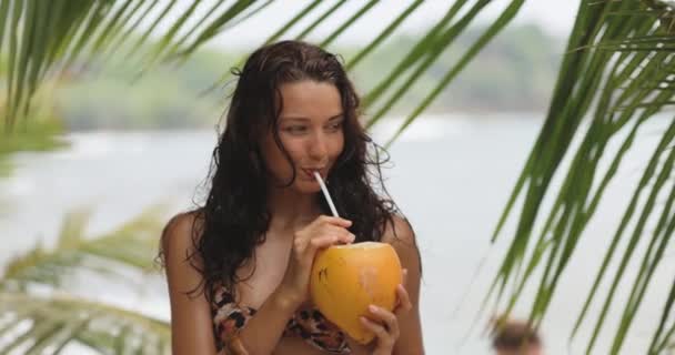 Portret Młodej Dorosłej Kobiety Bikini Stroju Kąpielowym Nadrukiem Lamparta Świeżym — Wideo stockowe