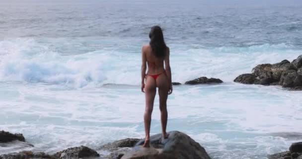 Bikini Plaj Modelinin Önündeki Kayalık Sahil Şeridine Çarpan Büyük Okyanus — Stok video