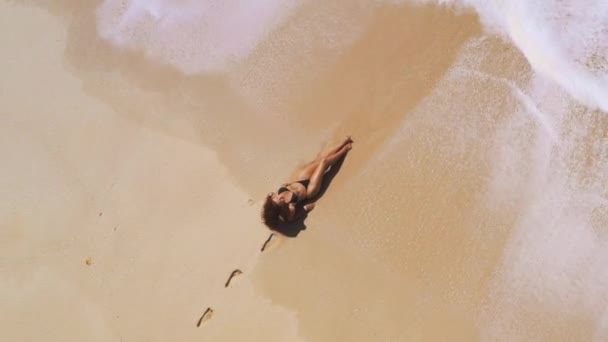 Воздушный Беспилотник Смотрит Красивый Тропический Пляж Белыми Песчаными Пальмами Чистой — стоковое видео