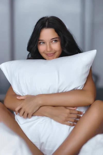 Adorable Young Happy Woman Hugging Pillow Comfortable Bed Silky Linens — Stock Photo, Image