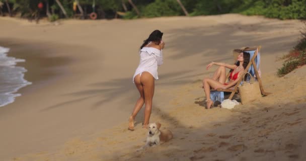 豪華なガールフレンド写真家によるビキニセクシーな女性モデルのビーチ写真撮影 トロピカルビーチでビキニでポーズする愛らしい若い女性は 彼女のロマンチックな写真撮影に最適なショットを取ります — ストック動画