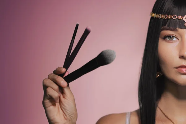 Beauty Fashion Portrait Female Model Brushes Making Makeup Half Face — Stock Photo, Image