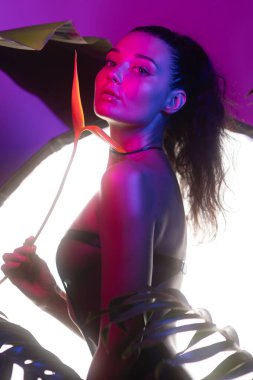 Mor ve mavi LED neon ışıklar ve oktavla aydınlatılmış siyah seksi iç çamaşırı giymiş seksi genç kız manken Strelitzia reginae Cennet Kuşu Çiçeği ile poz veriyor. Güzel sanatlar stüdyosu