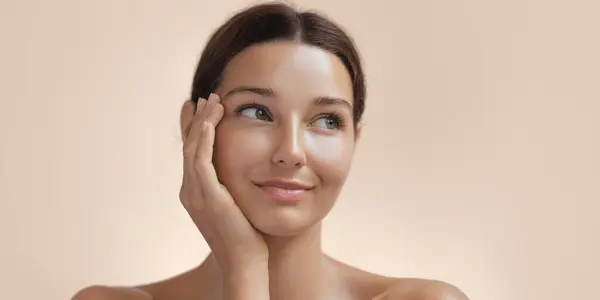 Skincare Beauty Woman Beautiful Face Touching Healthy Facial Skin Portrait Stock Photo
