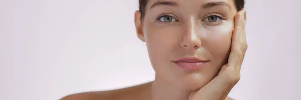 Skincare Woman Beautiful Face Touching Healthy Facial Skin Fascinating Portrait Stock Photo