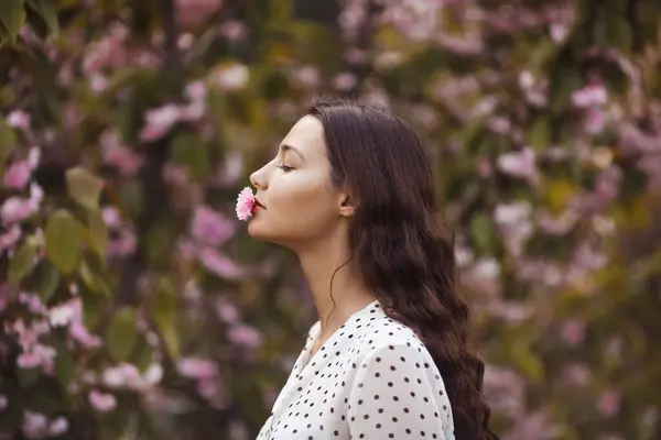 Wajah Gadis Musim Semi Tutup Potret Wanita Lembut Bunga Sakura Stok Gambar Bebas Royalti