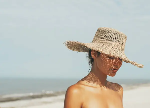 Beach Sun Hat Woman Vacation Close Girls Face Straw Sunhat Stock Photo