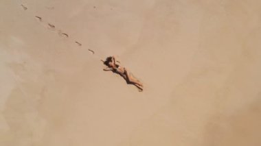 Mayo giymiş bir kadının okyanusun yakınındaki kumsalda güneşlenip güneşlendiği en iyi hava aracı görüntüsü. Siyah bikinili çekici esmer kız kumlu bir sahilde palmiye yapraklarıyla yatıyor.