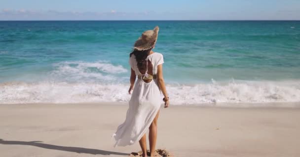 Задний Вид Красивой Чувствительной Пляжной Женщины Белом Платье Стоя Глядя — стоковое видео