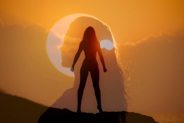 Double Exposure of a silhouette of an empowered woman standing boldly against a vibrant sunset sky, symbolizing strength, bravery, and the spirit of womens rights. Ideal for inspirational clipart