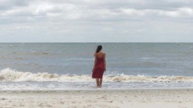 Kırmızı elbiseli bir kadın tek başına, bulutlu bir gökyüzünün altında fırtınalı bir okyanusa bakıyor. Bu dramatik ve karamsar sahne yalnızlığı ve içgözlem yeteneğini yakalar, kavramsal ve...