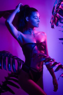 Siyah iç çamaşırlı Asyalı bir model. Tropikal yapraklarla çevrili neon ışıkları altında poz veriyor. Gece hayatı, moda, şehvet ve modern sanatsal fotoğrafçılık ile ilgili konular için mükemmel.. 
